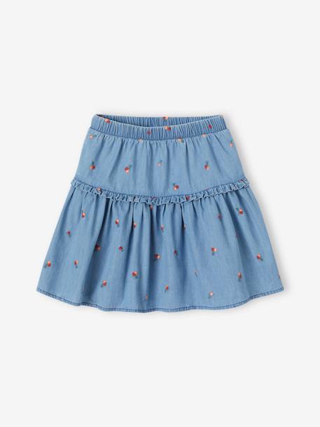 Jupe brodée cerises fille en denim léger stone - vertbaudet enfant 