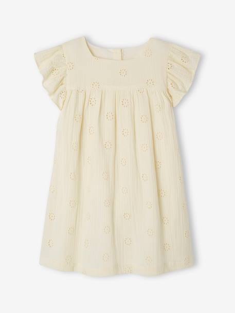 Robe fille gaze de coton brodée fleurs bleu pâle+corail+vanille+vert sauge - vertbaudet enfant 