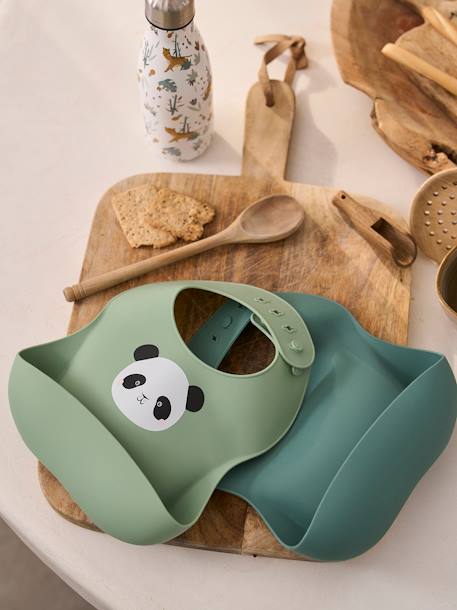 Lot 2 bavoirs en silicone bleu grisé+marron+rose imprimé+vert sauge - vertbaudet enfant 