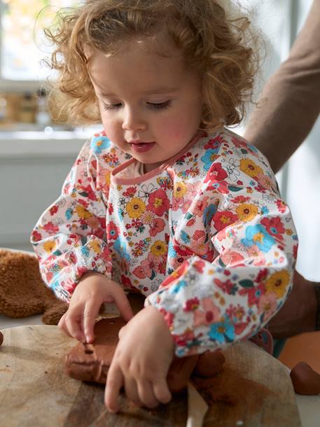 Bavoir tablier manches longues imprimé végétal+multicolore+renard+rose poudré - vertbaudet enfant 