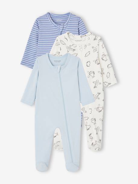 Set van 3 pyjama's van jersey met rits BASICS cappuccino+chambrayblauw+rouge - vertbaudet enfant 
