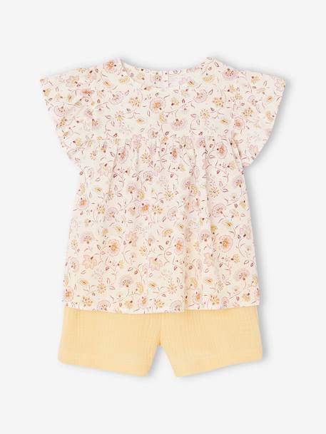 Ensemble blouse à fleurs et short en gaze de coton fille jaune pastel+vanille - vertbaudet enfant 