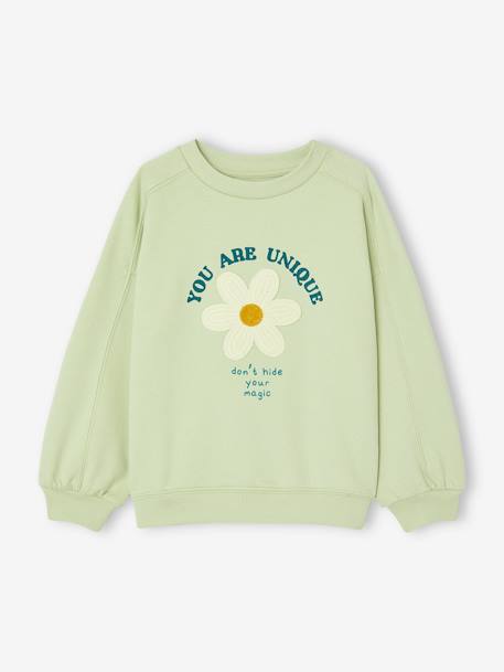 Meisjessweater met geplaatst motief en versieringen amandelgroen+ecru - vertbaudet enfant 