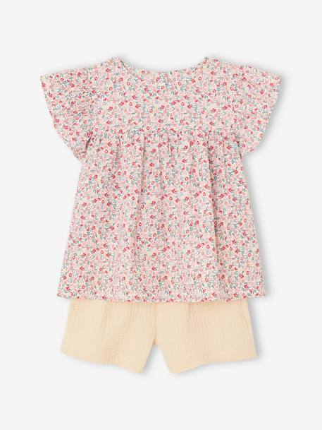 Set blouse met bloemen en short van katoengaas voor meisjes lila+pastelgeel+saliegroen+vanille - vertbaudet enfant 