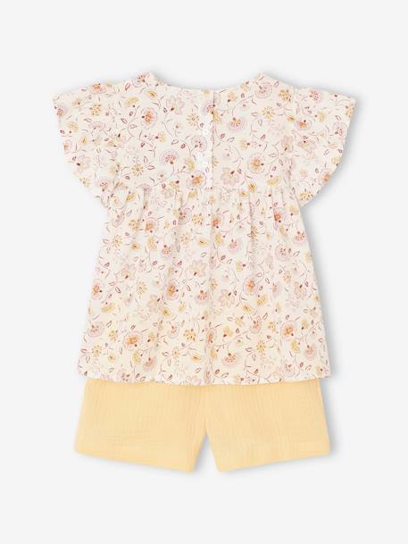 Set blouse met bloemen en short van katoengaas voor meisjes lila+pastelgeel+saliegroen+vanille - vertbaudet enfant 