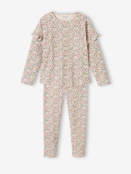 Pyjama fille en maille côtelée imprimé fleuri écru - vertbaudet enfant 