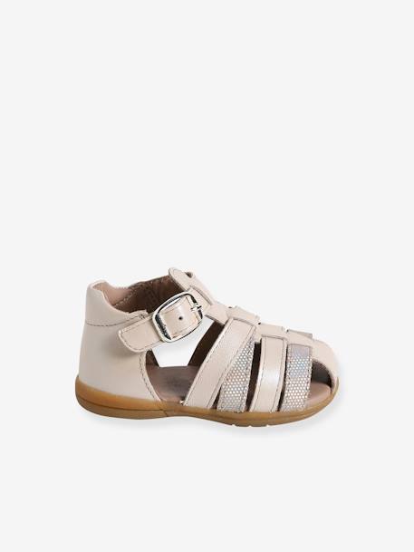 Sandales bébé cuir bout fermé beige irisé+blanc imprimé+fuchsia - vertbaudet enfant 