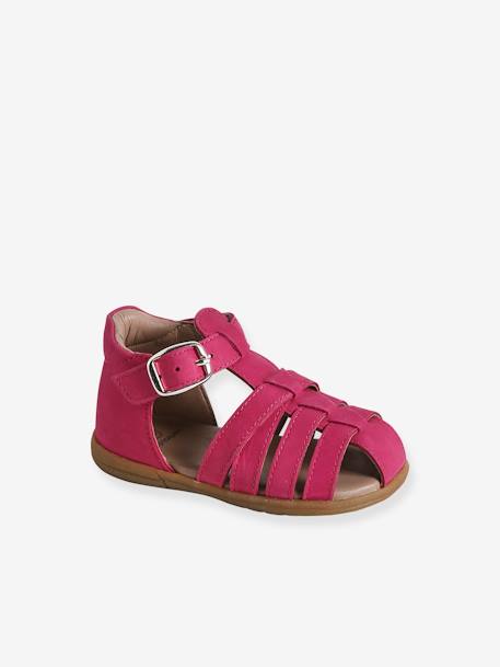 Sandales bébé cuir bout fermé beige irisé+blanc imprimé+fuchsia - vertbaudet enfant 