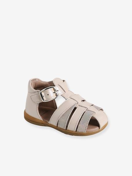 Sandales bébé cuir bout fermé beige irisé+blanc imprimé+fuchsia - vertbaudet enfant 