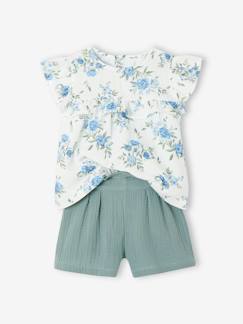 Meisje-Set-Feestelijk setje voor meisjes blouse met ruches en short van katoengaas