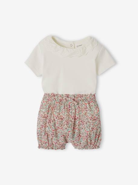 Ensemble T-shirt avec col et short fleuri naissance écru - vertbaudet enfant 