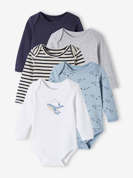 Lot de 5 bodies manches longues bébé emmanchure US en coton Bio bleu nuit - vertbaudet enfant 
