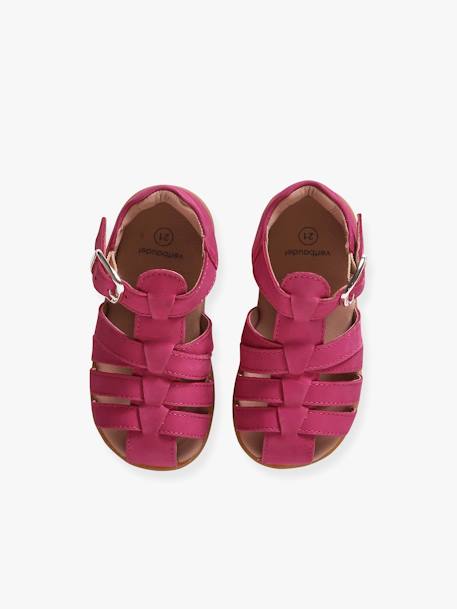 Sandales bébé cuir bout fermé beige irisé+blanc imprimé+fuchsia - vertbaudet enfant 
