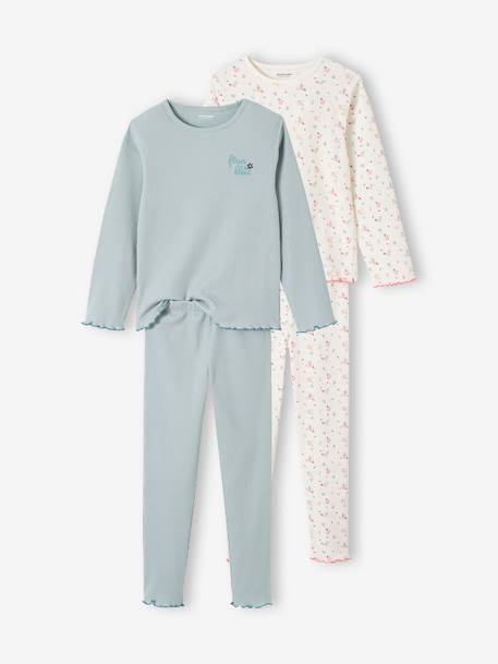 Lot de 2 pyjamas fille fleurs en maille côtelée bleu grisé - vertbaudet enfant 