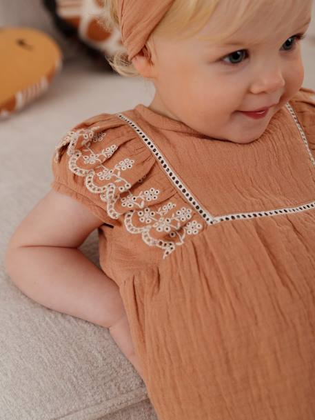 Ensemble brodé bébé : blouse + short + bandeau en gaze de coton caramel - vertbaudet enfant 
