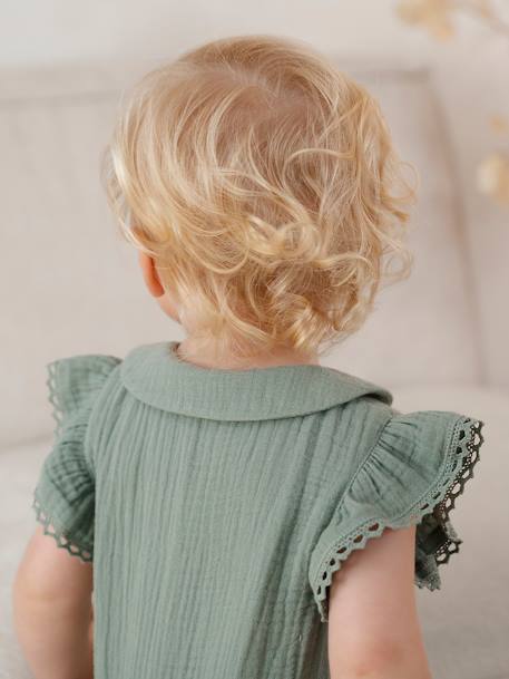 Combinaison bébé fille en gaze de coton manches courtes à volants caramel+vert sauge - vertbaudet enfant 