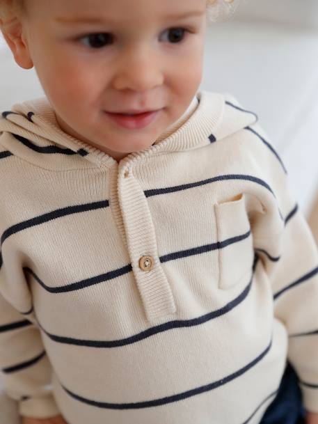 Gestreepte trui met capuchon baby ecru+jeansblauw+terracottategel - vertbaudet enfant 