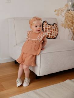 -Geborduurde set baby: blouse + short + hoofdband van katoengaas