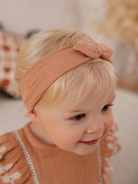 Ensemble brodé bébé : blouse + short + bandeau en gaze de coton caramel - vertbaudet enfant 