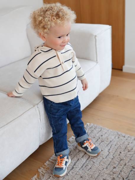 Gestreepte trui met capuchon baby ecru+jeansblauw+terracottategel - vertbaudet enfant 