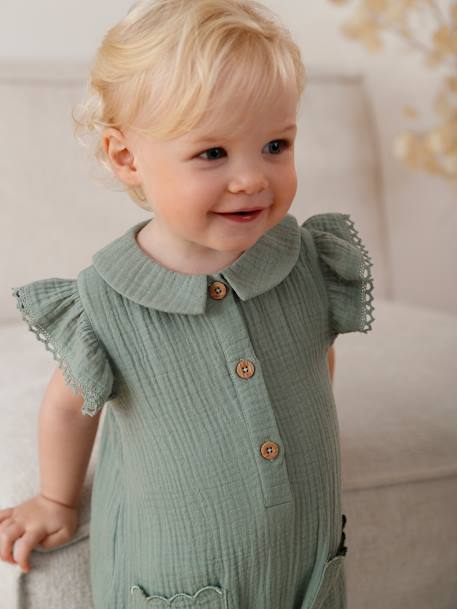 Combinaison bébé fille en gaze de coton manches courtes à volants caramel+vert sauge - vertbaudet enfant 