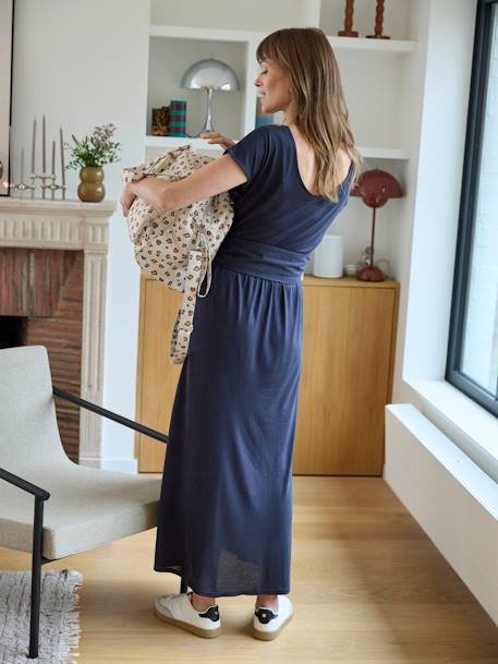 Lange gebreide jurk met korte mouwen voor zwangerschap en borstvoeding antraciet - vertbaudet enfant 