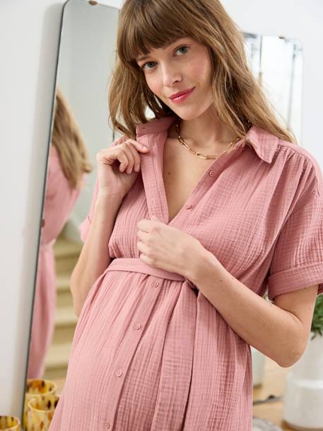 Korte hemdjurk van katoengaas voor zwangerschap en borstvoeding oudroze - vertbaudet enfant 