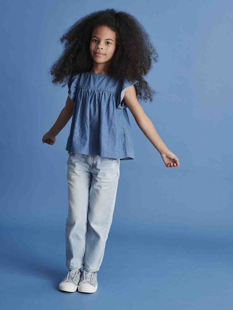 Blouse en denim léger fille manches courtes à volant stone - vertbaudet enfant 