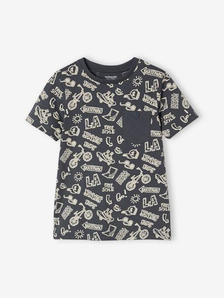 Jongensshirt met korte mouwen en grafisch ontwerp antraciet+gemêleerd wit+kaneel+korstmos+leiblauw+pecannoot+terracotta - vertbaudet enfant 