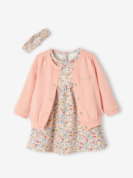 3-delig set jurk +vestje + haarband grijsblauw+groen+koraal+oudroze - vertbaudet enfant 