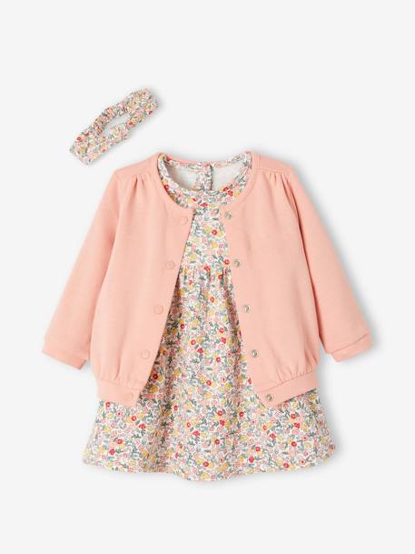 Ensemble bébé fille 3 pièces robe cardigan bandeau bleu grisé+corail+vert+vieux rose - vertbaudet enfant 