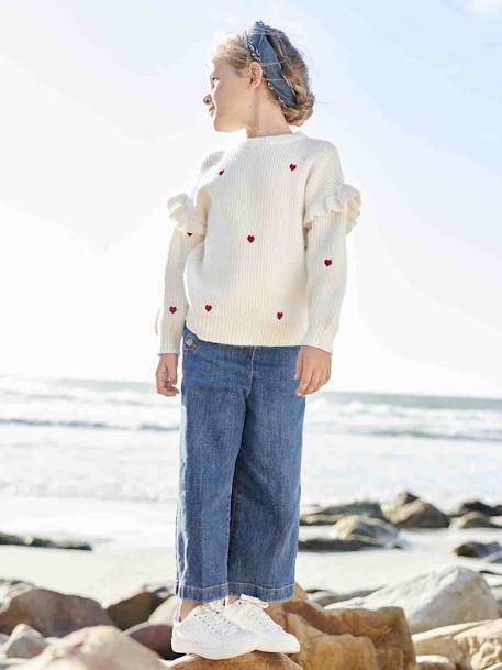 Pull fille brodé manches volantées écru+rayé marine+rouge - vertbaudet enfant 