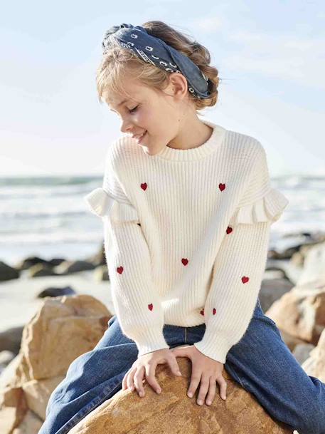 Pull fille brodé manches volantées écru+rayé marine+rouge - vertbaudet enfant 