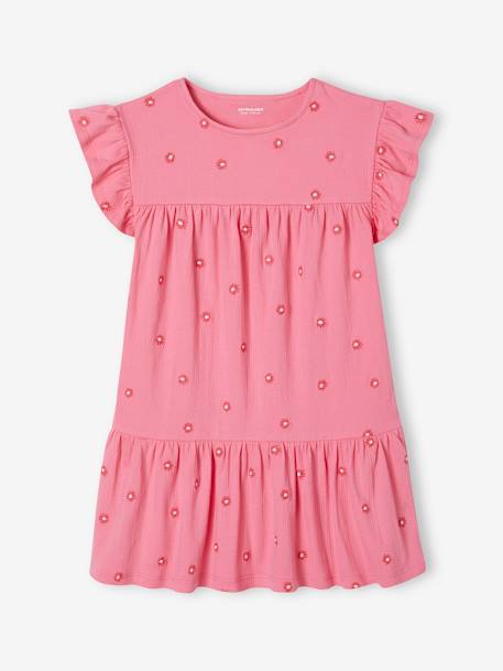 Robe brodée fleurs fille en maille froissée rose bonbon - vertbaudet enfant 