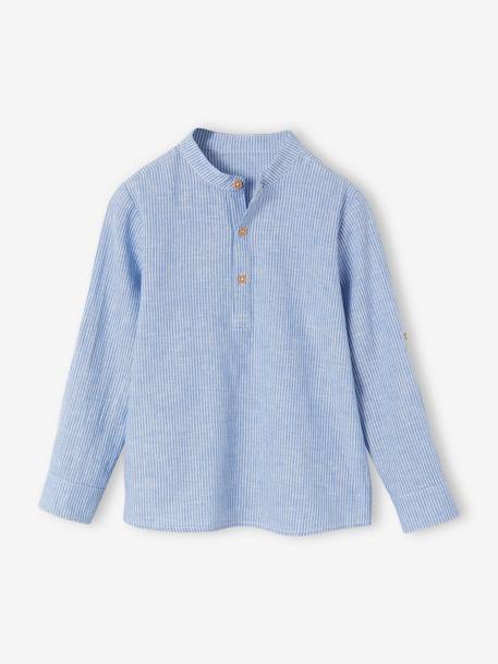 Net jongenshemd, Mao-kraag en korte broek beige+blauw, gestreept - vertbaudet enfant 