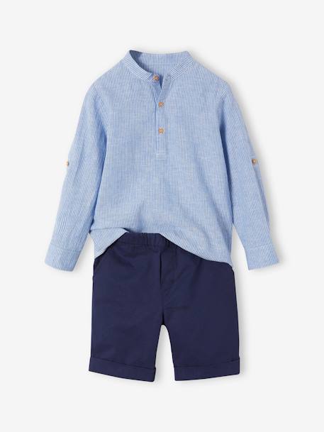 Net jongenshemd, Mao-kraag en korte broek blauw, gestreept - vertbaudet enfant 