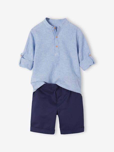 Net jongenshemd, Mao-kraag en korte broek beige+blauw, gestreept - vertbaudet enfant 