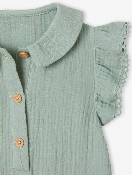 Combinaison bébé fille en gaze de coton manches courtes à volants caramel+vert sauge - vertbaudet enfant 