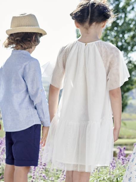 Net jongenshemd, Mao-kraag en korte broek beige+blauw, gestreept - vertbaudet enfant 