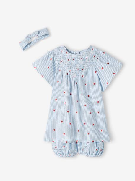 Set van seersucker jurk + short + band baby blauw, gestreept - vertbaudet enfant 