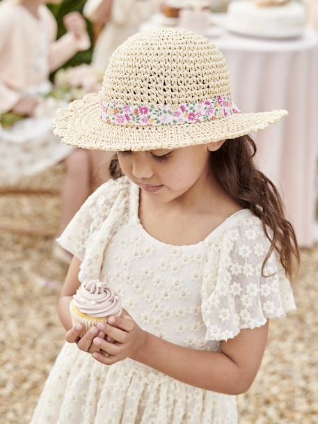 Chapeau aspect paille effet crochet avec ruban imprimé fille rose pâle - vertbaudet enfant 