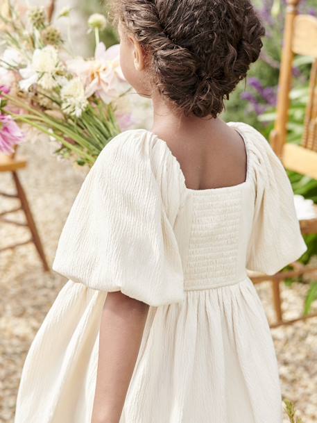 Gesmokte nette meisjesjurk in reliëfstof lichtroze+saliegroen+vanille - vertbaudet enfant 