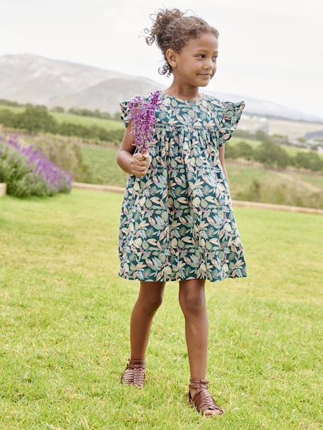 Robe fille imprimée fille manches à volants blanc imprimé+rose pâle+vert émeraude+vert sapin - vertbaudet enfant 