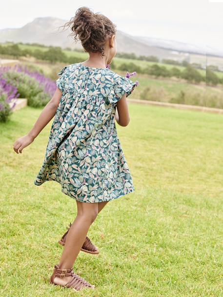 Robe fille imprimée fille manches à volants blanc imprimé+rose pâle+vert émeraude+vert sapin - vertbaudet enfant 