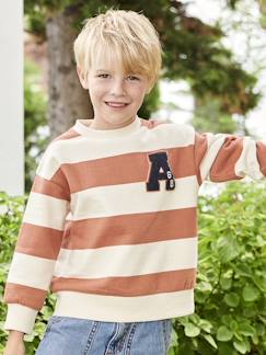 Jongens-Trui, vest, sweater-Sweater-Groot gestreept jongenssweatshirt met badge in bouclé