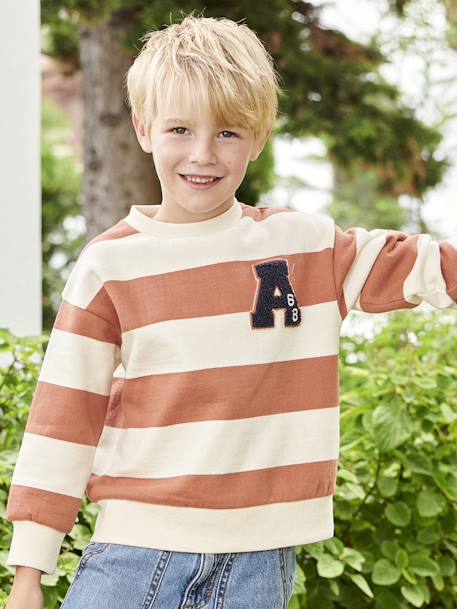 Groot gestreept jongenssweatshirt met badge in bouclé abrikoos+nachtblauw - vertbaudet enfant 