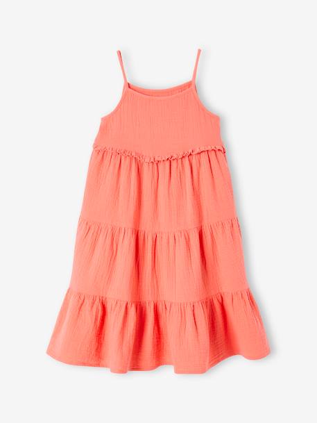 Lange jurk met schouderbandjes van katoengaas meisjes ecru+koraal+oranje, bedrukt+petrolblauw - vertbaudet enfant 