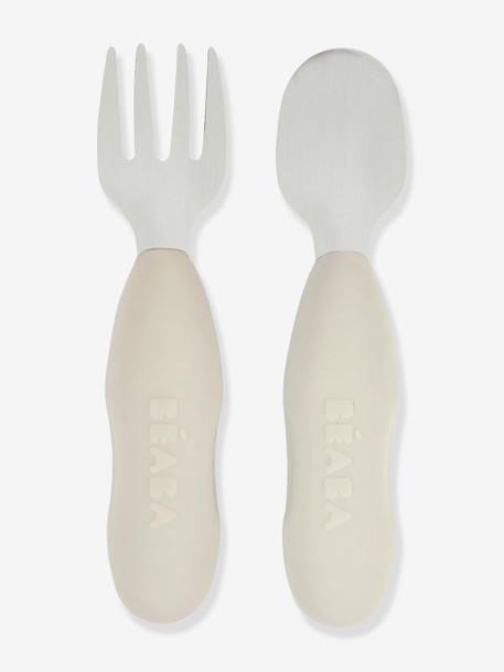 Lot de 2 pré-couverts d'apprentissage 2e âge en inox et silicone beige imprimé+gris+vert sauge - vertbaudet enfant 