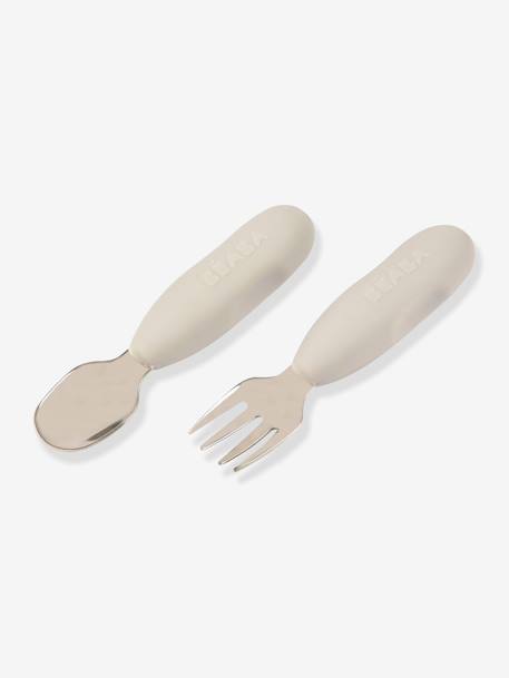 Lot de 2 pré-couverts d'apprentissage 2e âge en inox et silicone beige imprimé+gris+vert sauge - vertbaudet enfant 