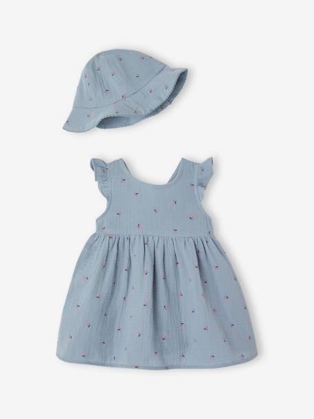 Set jurk en muts pasgeborene van katoengaas chambrayblauw - vertbaudet enfant 